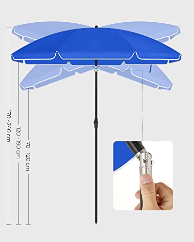 2 m Parasol, Beach Umbrella, UPF 50+, Sun Protection, Portable Octagonal Polyester Canopy, Fibreglass Ribs, Tilt Mechanism, Carry Bag, for Beach Garden Balcony Pool, Blue