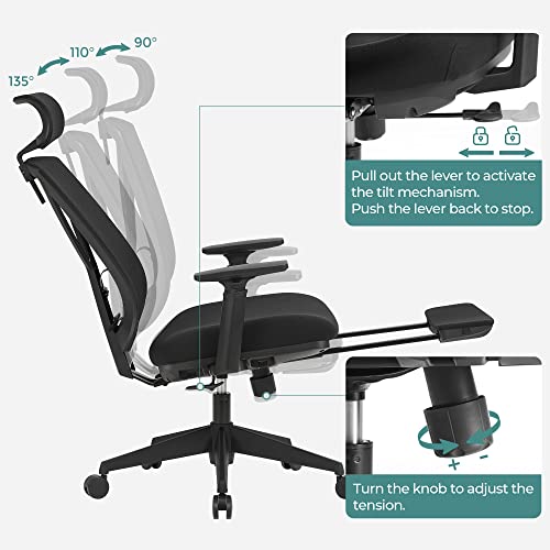 Ergonomic Office Chair with Footrest, Desk Chair with Lumbar Support, Adjustable Headrest and Armrest, Height Adjustment and Rocker Function, Maximum Load 150 kg, Black