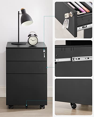 Mobile File Cabinet with 3 Drawers Lockable Steel Pedestal with Suspension File Hanging Rails, Fully Assembled Except Casters, Black