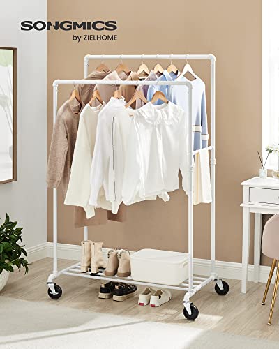 Clothes Rail, Clothes Rack, Coat Stand with Double Hanging Rail, Wheels, Storage Shelf, Maximum Load of 110 kg, Industrial Style, for Bedroom, Dressing Room White