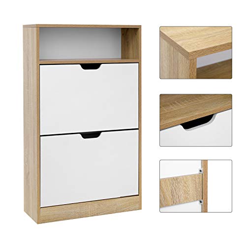 Shoe Cabinet with 2 Flaps, Shoe Rack with an Open Shelf, Melamine Veneer, Easy to Clean, 60 x 24 x 102 cm, White and Natural