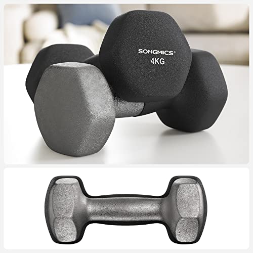 Set of 2 Dumbbells, 2 x 4 kg, Neoprene Hand Weights, Non-Slip Grip, Fitness Workouts, Black