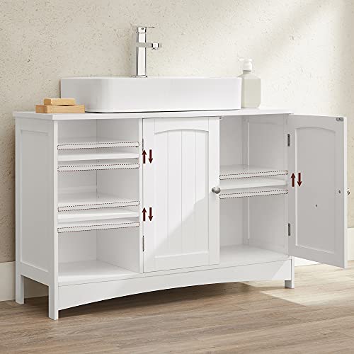 Under Sink Cabinet, Bathroom Sink Cabinet, 90 x 30 x 60 cm, Storage Cupboard with 2 Doors, Open Storage Compartments, Height-Adjustable Shelves, White UK