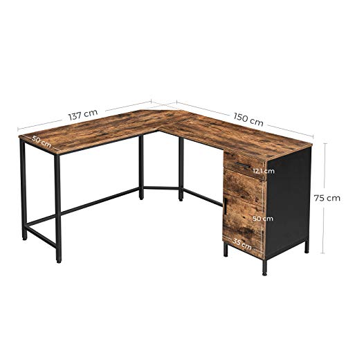 Corner Desk, L-Shaped Computer Desk, Office Desk with Cupboard and Drawer, Study, Space-Saving, Easy Assembly, Steel, Industrial Design, Rustic Brown and Black 