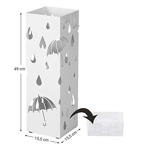 Metal Umbrella Stand, Square Umbrella Holder with Drip Tray and 4 Hooks, 15.5 x 15.5 x 49 cm, White