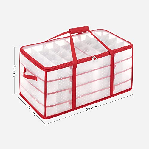 Christmas Ornament Storage Box, Storage Cube Bin for Christmas Decorations, 128 Box Places, Modular Dividers, 67 x 34 x 34 cm, Semi-Transparent and Red