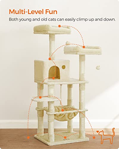 Cat Tree, Stable Cat Tower, 2 Plush Perches, 143cm, Beige