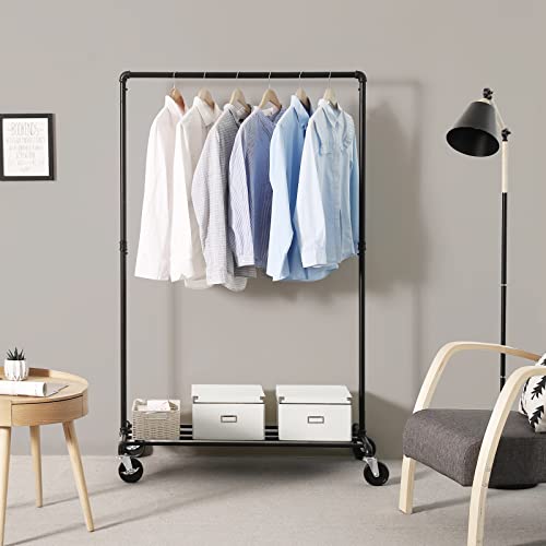 Heavy Duty Metal Clothes Rack on Wheels, Holds 90 kg, Industrial Design, Coat Stand with 1 Clothes Rail and Shelf, for Bedroom Laundry Room, Black