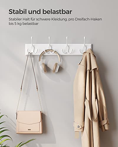 Wall Mounted Coat Rack, Hook Rack with 4 Tri-Hooks, for Clothes, Keys, Hats, Purses, in The Entryway, Bathroom, Closet Room, White