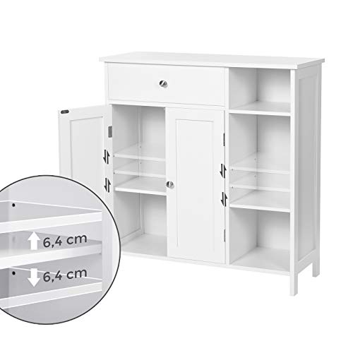 Bathroom Floor Cabinet, Storage Organiser Unit, Cupboard with Drawer, 3 Open Compartments, Adjustable Shelves, 2 Doors, 75 x 30 x 80 cm, Scandinavian Nordic Style, Matte White