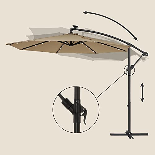 Cantilever Garden Patio Parasol with Solar-Powered LED Lights, 3 m Offset Parasol with Base, UPF 50+ Banana Hanging Umbrella, Crank for Opening Closing, Taupe