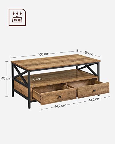 Coffee Table, Living Room Table, Sofa Table, with Drawers, X-Struts, Open Compartment, Industrial Design, Walnut Brown/Black