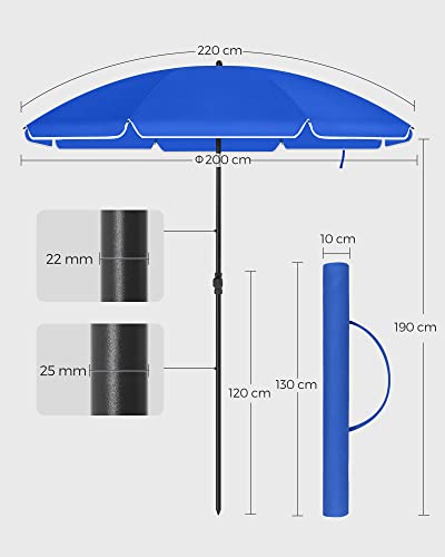 2 m Parasol, Beach Umbrella, UPF 50+, Sun Protection, Portable Octagonal Polyester Canopy, Fibreglass Ribs, Tilt Mechanism, Carry Bag, for Beach Garden Balcony Pool, Blue