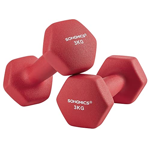 Set of 2 Dumbbells, 2 x 3 kg Non-Slip Neoprene Hand Weights with Matte Finish, Home Workout, Fitness Exercise, Red