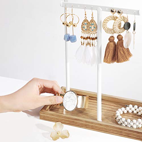 2-in-1 Jewellery Display Stand Holder, Jewellery Rack Tree, 3 T-Shape Metal Bars with Holes, Storage Tray, Adjustable, Long Necklace Bracelet Earring Ring, Rustic Brown and White