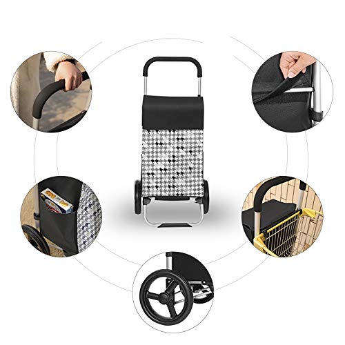 Shopping Trolley on Wheels, Shopping Cart, Load Capacity 40L, with Pockets, Silent Wheels, Hooks, 47 x 33 x 97 cm, Houndstooth Pattern, Black