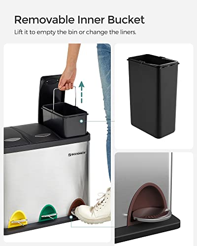 Recycling Bin, 3-in-1 Pedal Bin, 24-Litre Metal Rubbish Bin, Waste Separation System Dustbin for Kitchen, Easy to Clean, Steel, Silver