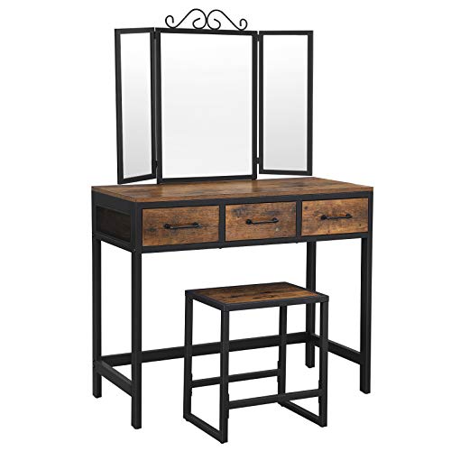 Vanity Table and Stool Set, Dressing Table with Tri-Fold Mirror, 3 Drawers, Makeup Table with Steel Frame, Industrial Style, Rustic Brown and Black