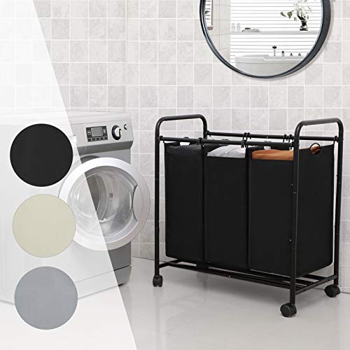 Rolling Laundry Sorter, Laundry Basket with 3 Removable Bags, Laundry Trolley, Toy Organiser on Wheels, Sturdy, 3 x 44L, Black