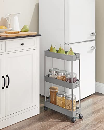 3-Tier Storage Trolley, Kitchen Trolley on Wheels, Narrow Trolley for Kitchen Bathroom Office or Small Spaces, 42 x 13.5 x 61 cm, Grey