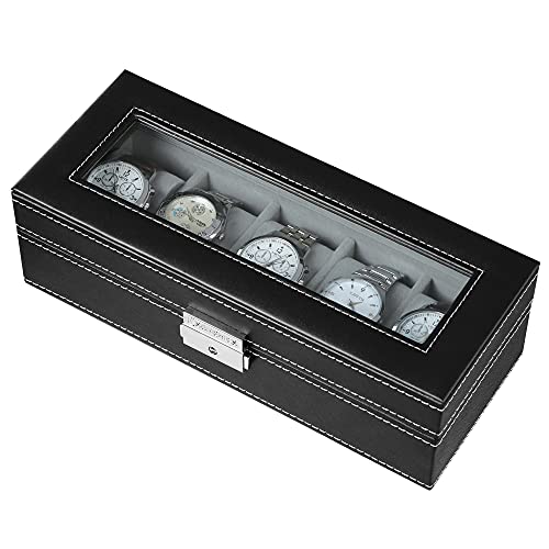 Watch Box with 5 Compartments, Glass Lid, Watch Box with Soft Velvet Lining, Display and Storage of Watches, with Lock and Keys