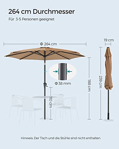 264 cm Garden Parasol Umbrella, UPF 50+, Sun Shade, 30° Tilt in 2 Directions, Crank Handle for Opening and Closing, for Outdoor Gardens Pool Balcony Patio, Base Not Included, Taupe