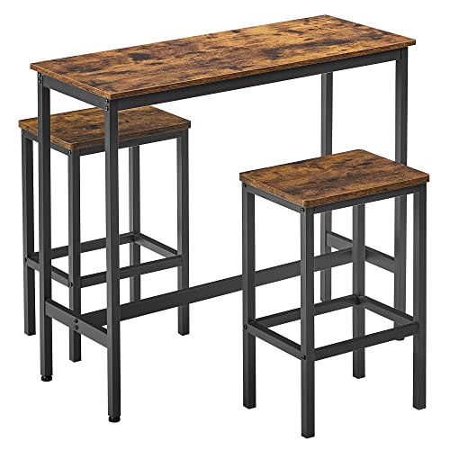 Dining Table Set, Bar Table and Stools Set, Breakfast Bar Table with Bar Stools Set of 2, Industrial Steel Frame, Rustic Brown and Black