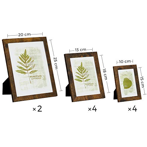 Set of 10 Picture Frames, Two 20 x 25 cm (8 x 10 Inches), Four 13 x 18 cm (5 x 7 Inches), Four 10 x 15 cm (4 x 6 Inches), Plastic Front, MDF, Rustic Brown