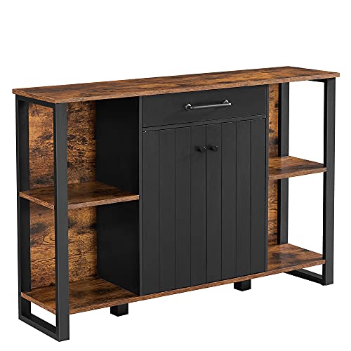 Sideboard, Kitchen Cupboard Storage Organiser, Storage Cabinet with Drawer, Shelves, Door, Steel Frame, Side Cabinet for Living Room, Dining Room, Hallway, Rustic Brown and Black