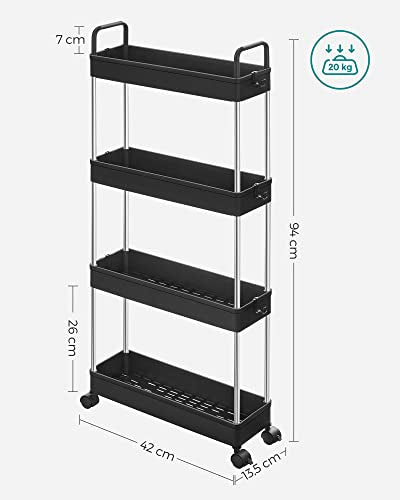 Storage Trolley,Slim Trolley, 4-Tier Kitchen Storage Trolley, Narrow Gap Bathroom Trolley with Wheels and Handles, 40 x 13 x 93 cm, Black