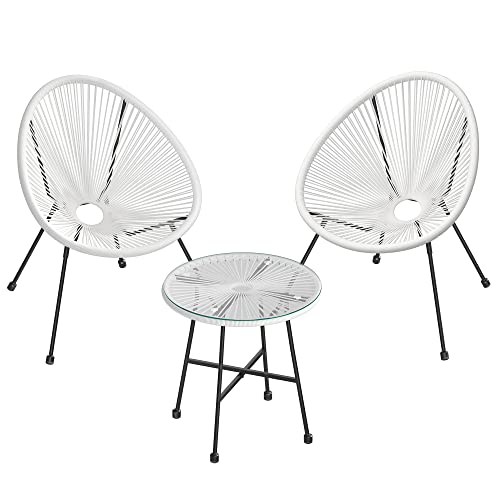 Garden Patio Furniture Set 3 Pieces, Acapulco Chair, Outdoor Seating, Glass Top Table and 2 Chairs, Indoor and Outdoor Conversation Set, White