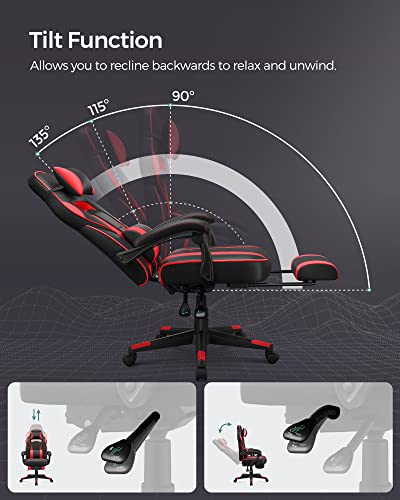 Racing Gaming Chair, Adjustable Office Chair with Footrest, Ergonomic Design, Tilt Mechanism, Headrest, Lumbar Support, 150 kg Weight Capacity, Black and Red