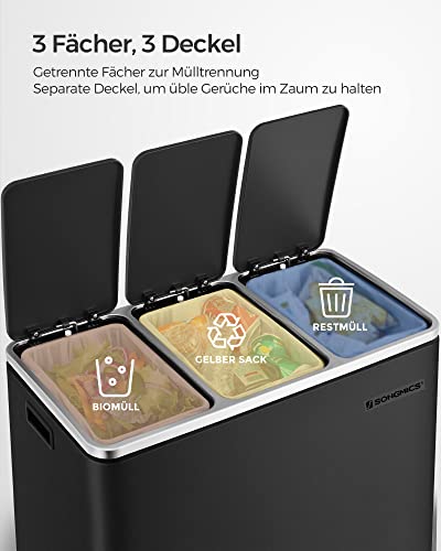 Recycling Bin, 3 x 18 L Triple Kitchen Bin, 3 Compartment Pedal Bin with Soft-Close Lids, Plastic Inner Buckets, and Handles, Black