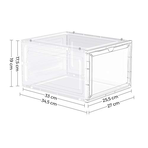 Shoe Boxes, Plastic Shoe Storage Organisers with Clear Doors, Set of 6, Stackable, Easy Assembly, 27 x 34.5 x 19 cm, up to UK Size 10, White