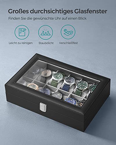 Watch Box with 12 Slots, Watch Case with Glass Lid, Watch Display Box with Removable Watch Pillows, Metal Clasp, Gift Idea, Black Synthetic Leather, Grey Lining