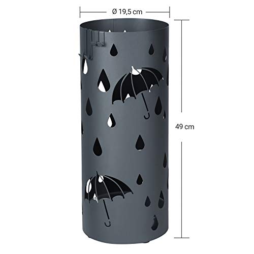 Metal Umbrella Stand, Umbrella Holder with Water Tray and Hooks, 19.5 x 49 cm (Dia. x H), Round, Matte Anthracite Grey