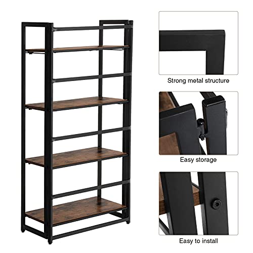 Bookcase, Industrial Folding Storage Rack, 4-Tier Bookshelf, Multifunctional Shelving Unit, Easy Assembly, with Metal Frame, for Living Room, Bedroom, kitchen, Rustic Brown