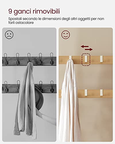 Coat Rack, Coat Stand with Shoe Storage Bench, 4-in-1 Design, with 9 Removable Hooks, a Clothes Rail, for Hallway, Entrance, 33.7 x 77 x 183 cm, Modern, Oak and Cream