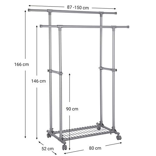 Double Clothes Rail, Extendable Garment Rack, from 87 to 150 cm, Rolling Clothes Rack with Shelf, Sturdy Structure, Max Static Load 70 kg, for Clothes Scarves, Grey