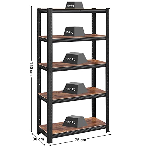 Shelving Unit, 30 x 75 x 150 cm, 650 kg Load Capacity (130 kg per Shelf), Industrial, Adjustable Storage Shelves, for Living Room, Kitchen, Garage, Rustic Brown and Black