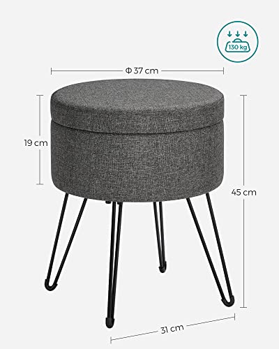 Round Stool with Storage Space, Storage Box with Lid, 13.4 L, Footrest, Metal Legs, Padded Seat, for Living Room, Bedroom, Dark Grey