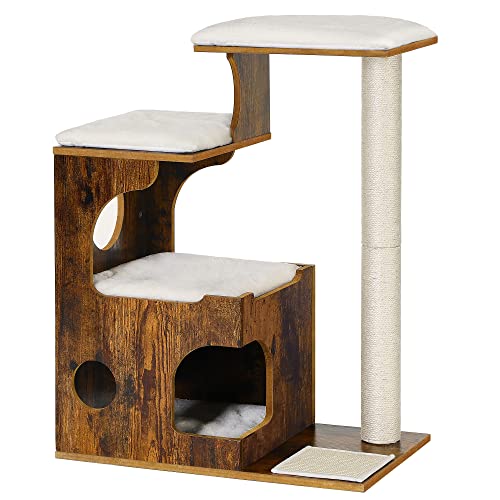 86 cm Cat Tree, Medium Cat Tower with 3 Beds and Cave, Cat Condo Made of MDF with Wood Veneer, Sisal Post and Washable Faux Fur, Vintage, Rustic Brown and White