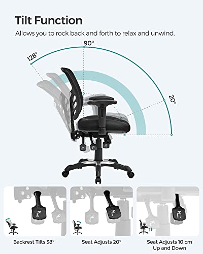 Office Chair, Ergonomic Swivel Chair, Mesh Desk, Adjustable Chair Height, Backrest, 3 Adjustment Levers, Lumbar Support and Adjustable Armrest, Made of PU