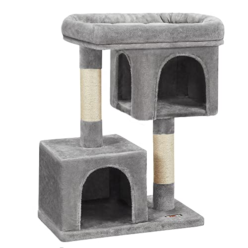 Cat Tree, Compact Cat Condo with 2 Caves, Light Grey