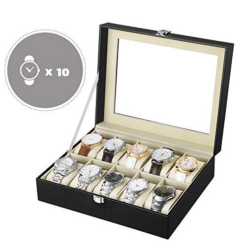 Watch Box with 10 Slots, Watch Case with Glass Lid, Watch Display Box with Removable Watch Pillows, Metal Clasp, Gift Idea, Black Synthetic Leather, Greenish Beige Lining