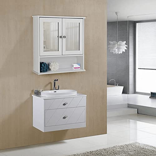 Double Mirror Doors Bathroom Cabinet, Wall Cabinet, Storage Cupboard, Wall-Mounted Storage Unit, Adjustable Height Shelves, 56 x 13 x 58 cm, White