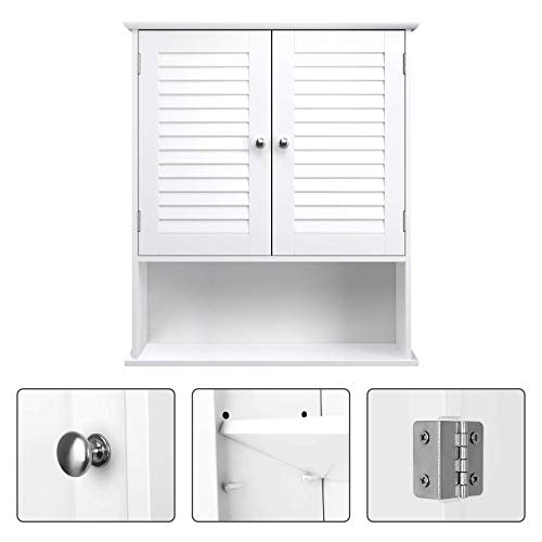 Wall Cabinet, Hanging Bathroom Storage Cabinet, Medicine Cupboard with Adjustable Shelf, Double Shutter Doors and Open Shelf, 60 x 20 x 70 cm, Wooden, White