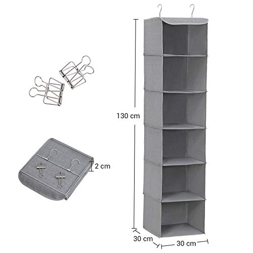 Hanging Storage with 6 Shelves Wardrobe Closet Organiser + 2 Clips, Grey 30 x 30 x 130 cm (W x D x H)