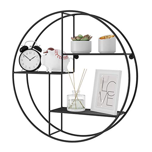 Industrial Metal Wall Shelf, Round Floating Shelf With 3 Metal Mesh Panels, With 2 Screws, 55 Dia. X 12 cm, for Living Room, Office, Kitchen, Decoration, Black