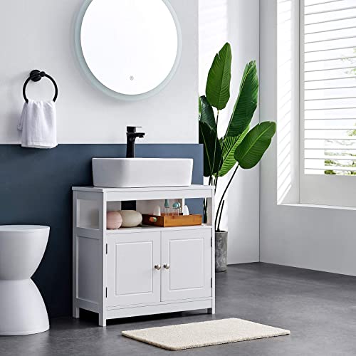 Bathroom Under Sink Cabinet, Floor Cabinet Double Door, Open Compartment, 60 x 30 x 60 cm, Storage Unit, Scandinavian Nordic Style, Matte White